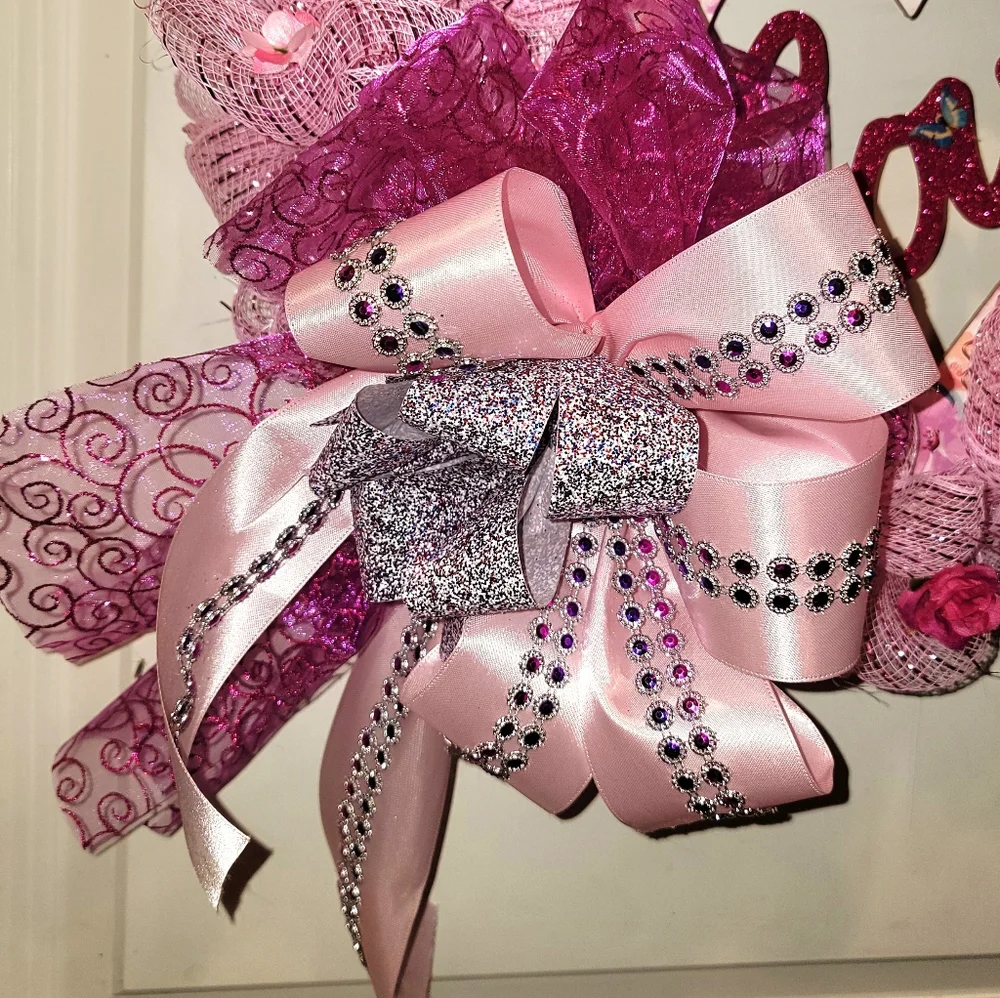 Mom Love Wreath Deco Mesh Bows Pink Sparkle Birthday Gift